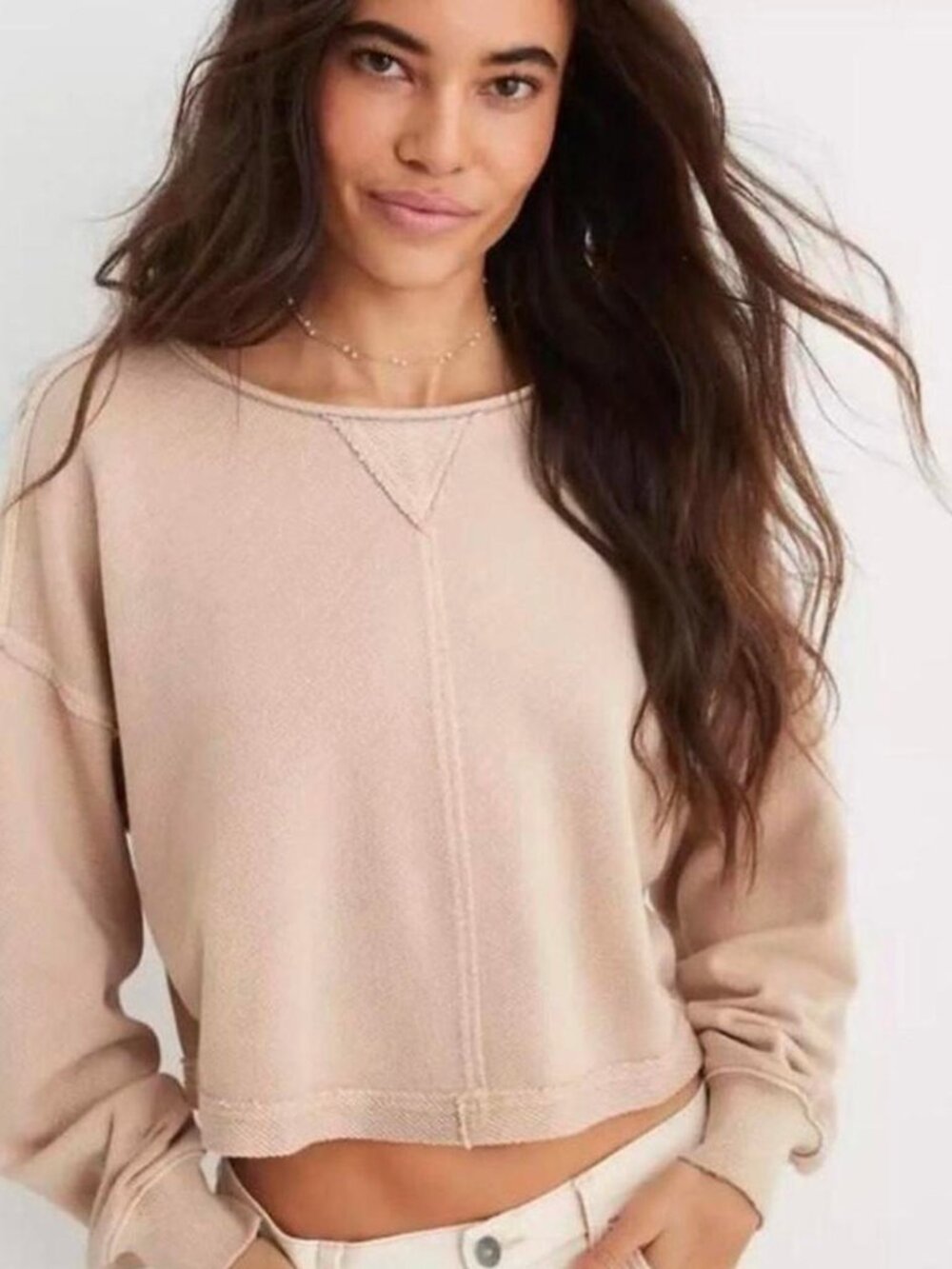 Aerie Beach Party Cropped Crewneck Sweatshirt - Beige